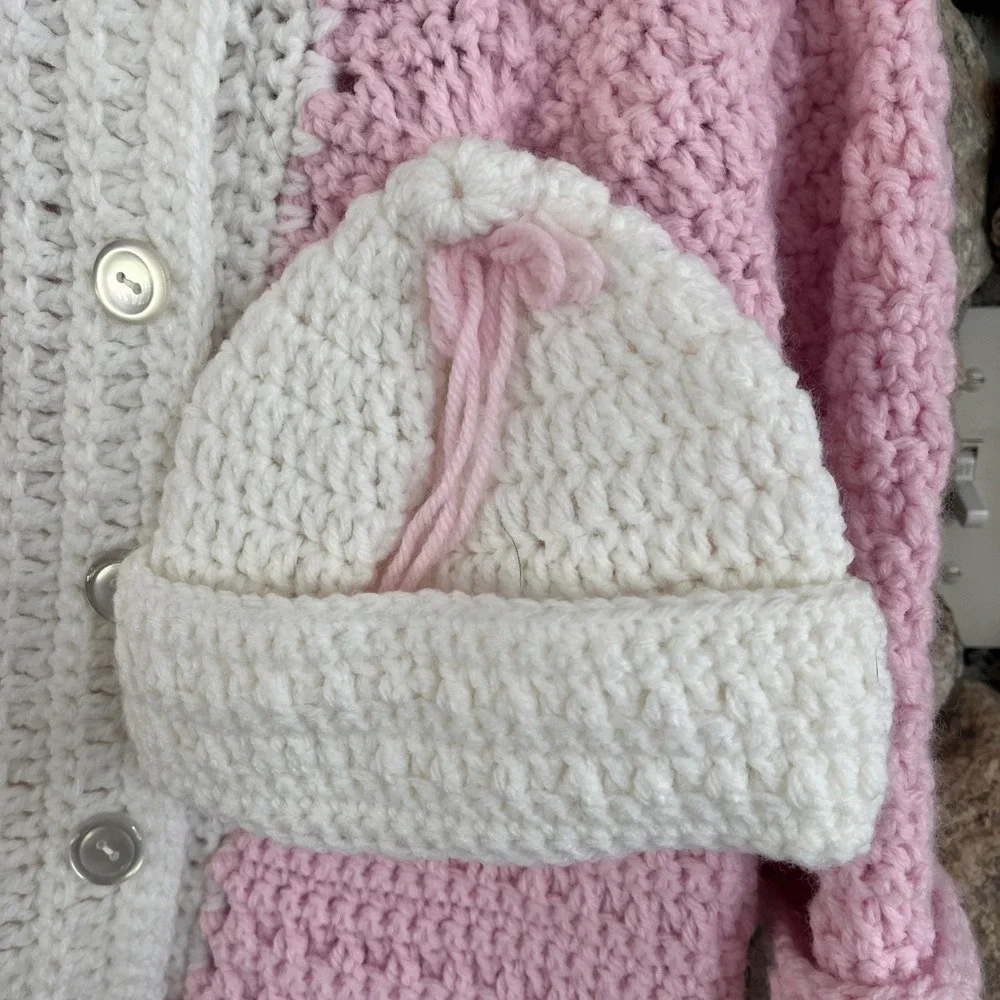 Hand Knit NEW Dark Pink  2-3t Baby Girls Cardigan sweater Button Up closure, Hat